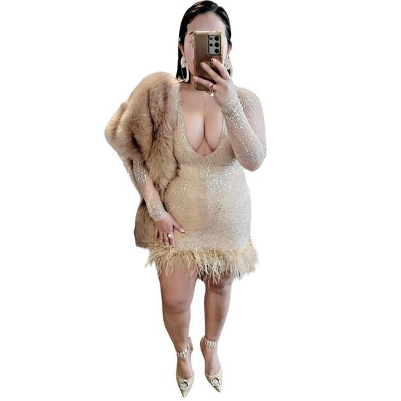 Woman's Tan Embellished Feather Trim Mini Dress Sz. S/M - Picture 1 of 7